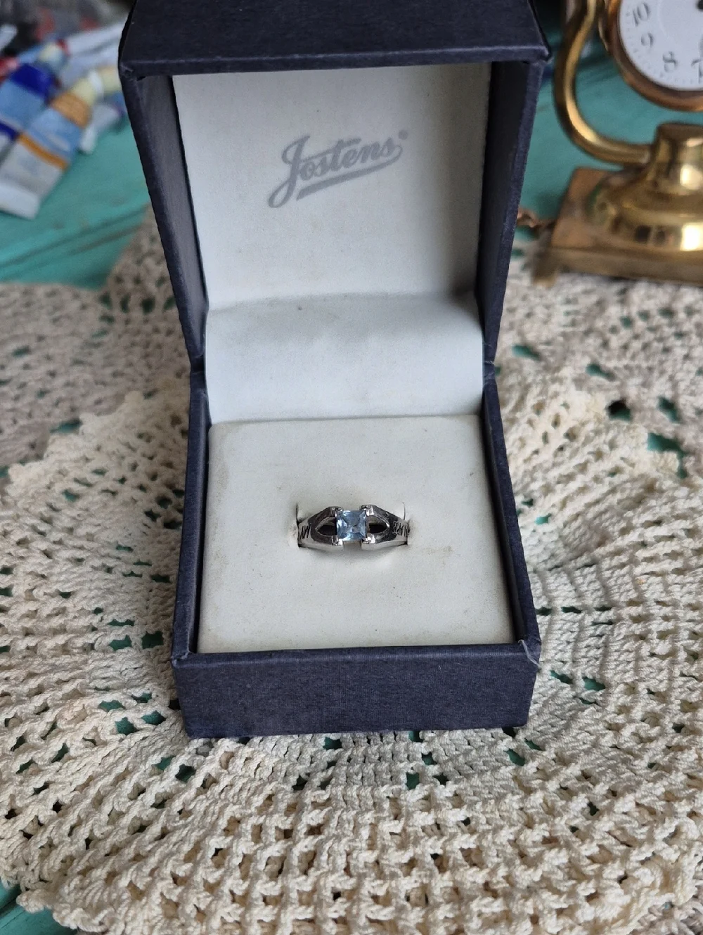 🌙Vintage Jostens Blue Aquamarine Engraved Ring In Box Religious Statement